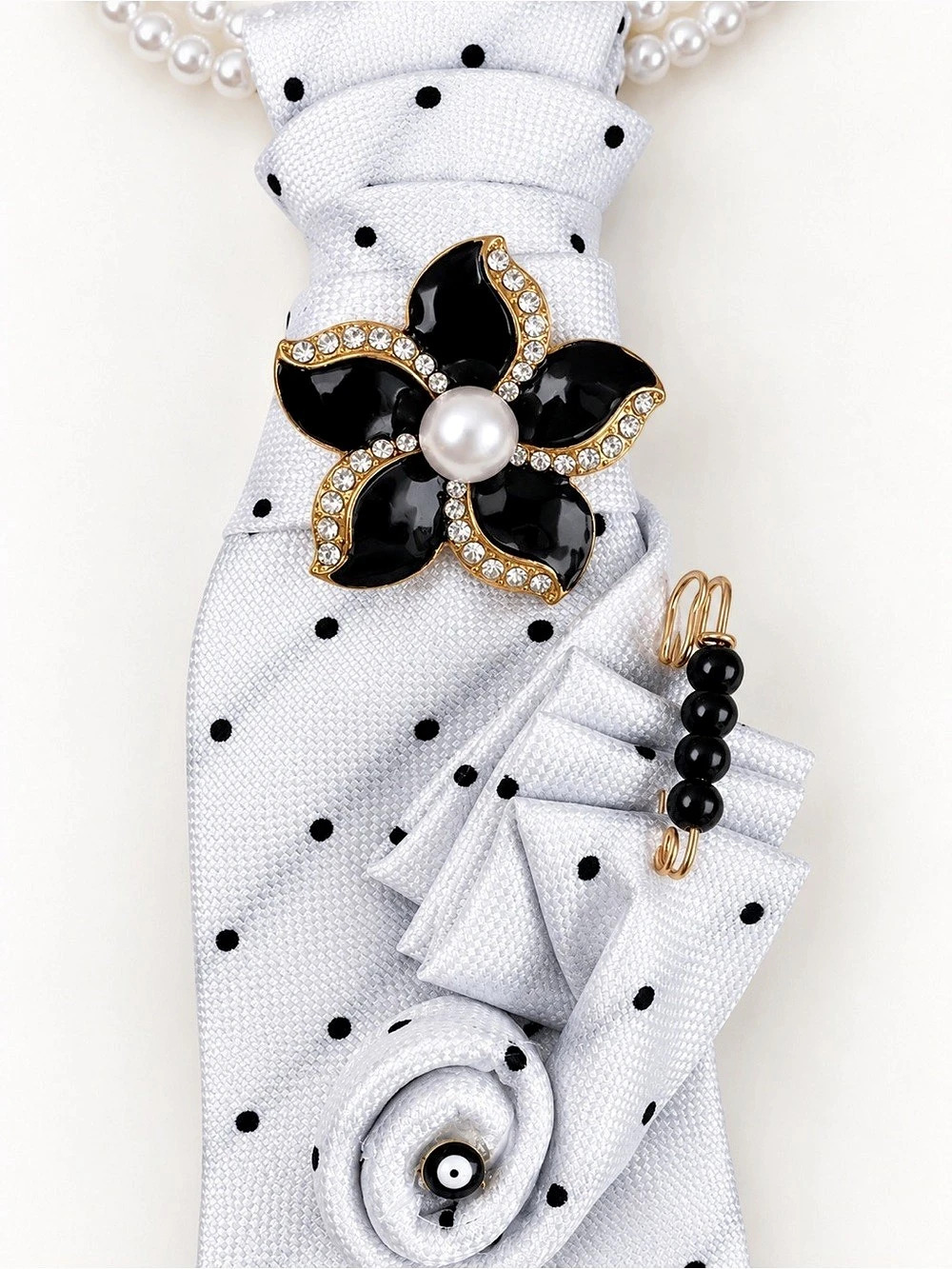 Handmade Polka Dot Necktie Necklace with Pearls & Black Flower Brooch